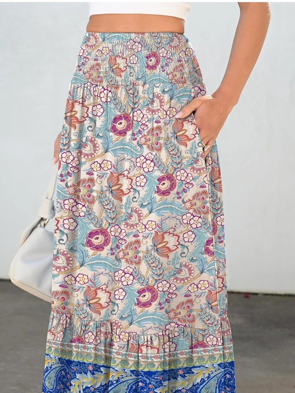 ANRABESS Women's Boho Maxi Skirt in Apricot w/Floral Print, Size L NWT